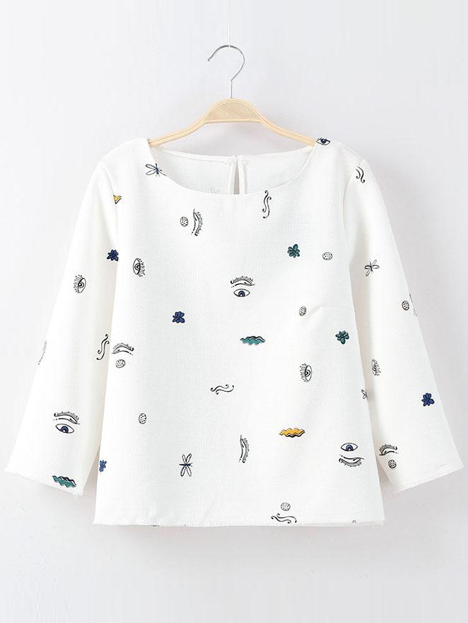 Shein White Keyhole Back Fringe Trim Print Blouse