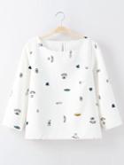 Shein White Keyhole Back Fringe Trim Print Blouse