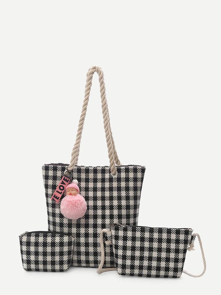 Shein Pom Pom Gingham Canvas Bag 3pcs