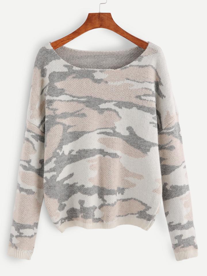 Shein Multicolor Camo Pattern Drop Shoulder Sweater