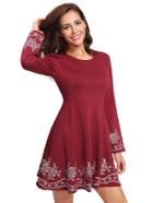 Shein Burgundy Embroidered Long Sleeve Flare Dress