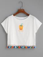 Shein White Pepper Print Tassel Trim T-shirt