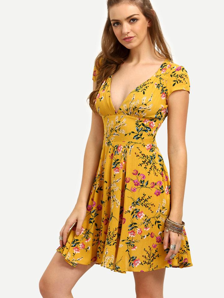 Shein Floral Cut Out Back Empire Flare Dress
