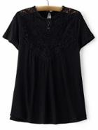 Shein Black Embroidery Lace Key Hole Back T-shirt