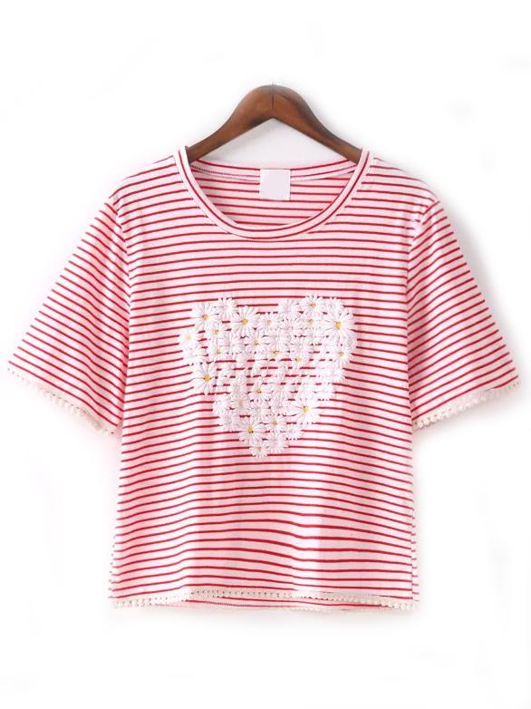 Shein Red White Crew Neck Striped Heart T-shirt
