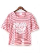 Shein Red White Crew Neck Striped Heart T-shirt