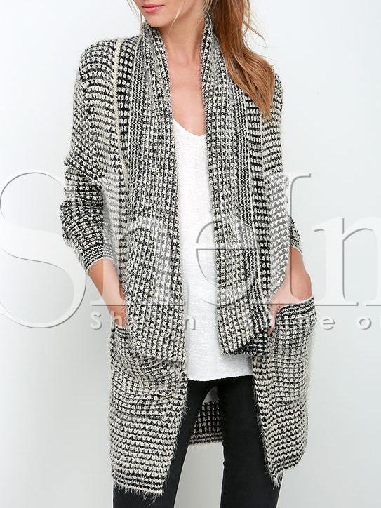 Shein Grey Long Sleeve Lapel Knit Cardigan