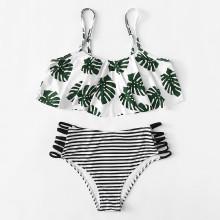 Shein Palm & Striped Bikini Set