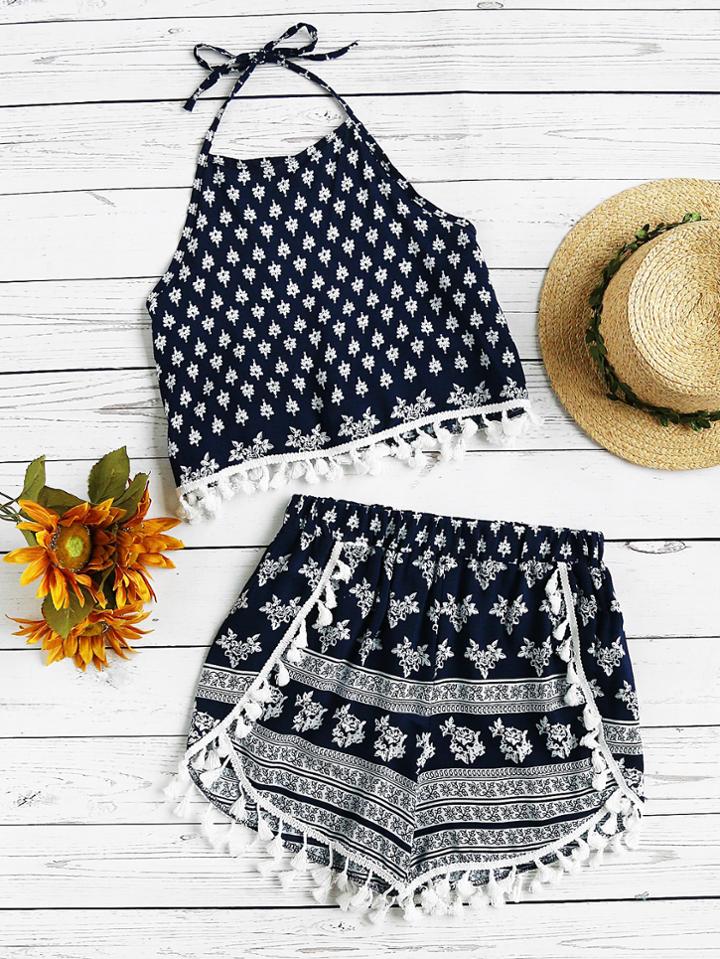 Shein Halter Neck Printed Random Tassel Trim Top With Shorts