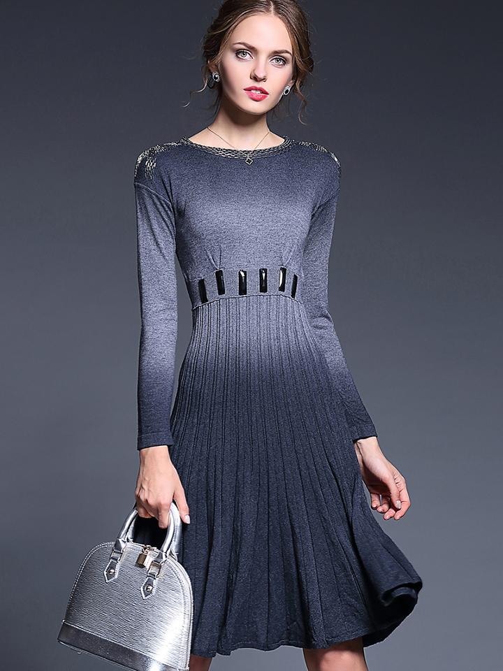 Shein Grey Round Neck Long Sleeve Beading Knit Dress