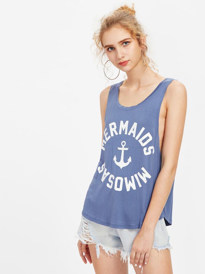 Shein Letters Print Drop Armhole Curve Hem Tank