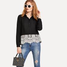 Shein Eyelash Lace Insert Half Placket Top