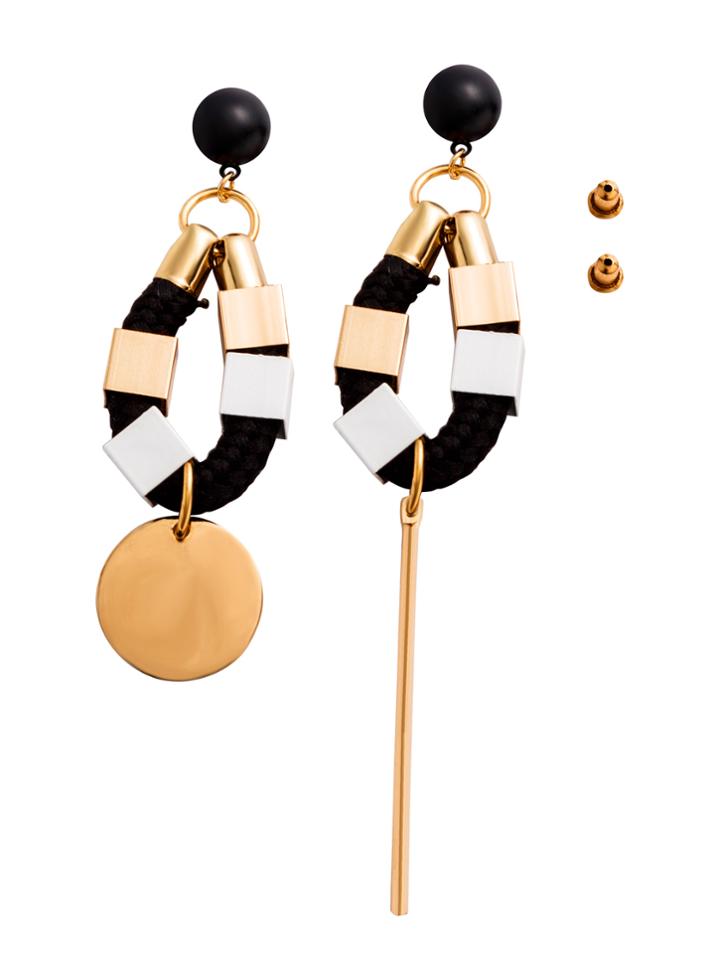Shein Gold Plated Coin Bar Braided Cord Asymmetrical Earrings