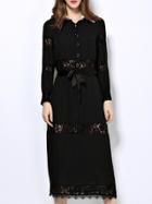 Shein Black Tie-waist Contrast Lace Midi Dress