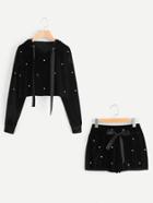 Shein Pearl Beading Velvet Hoodie & Shorts Set