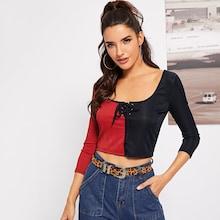 Shein Two Tone Lace-up Neck Ribbed Tee