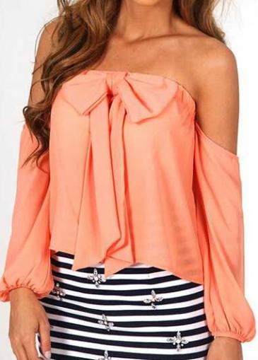 Rosewe Bowtie Decorated Boat Neck Coral Blouse