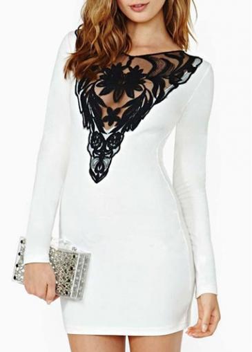 Rosewe Long Sleeve Lace Splicing White Sheath Dress
