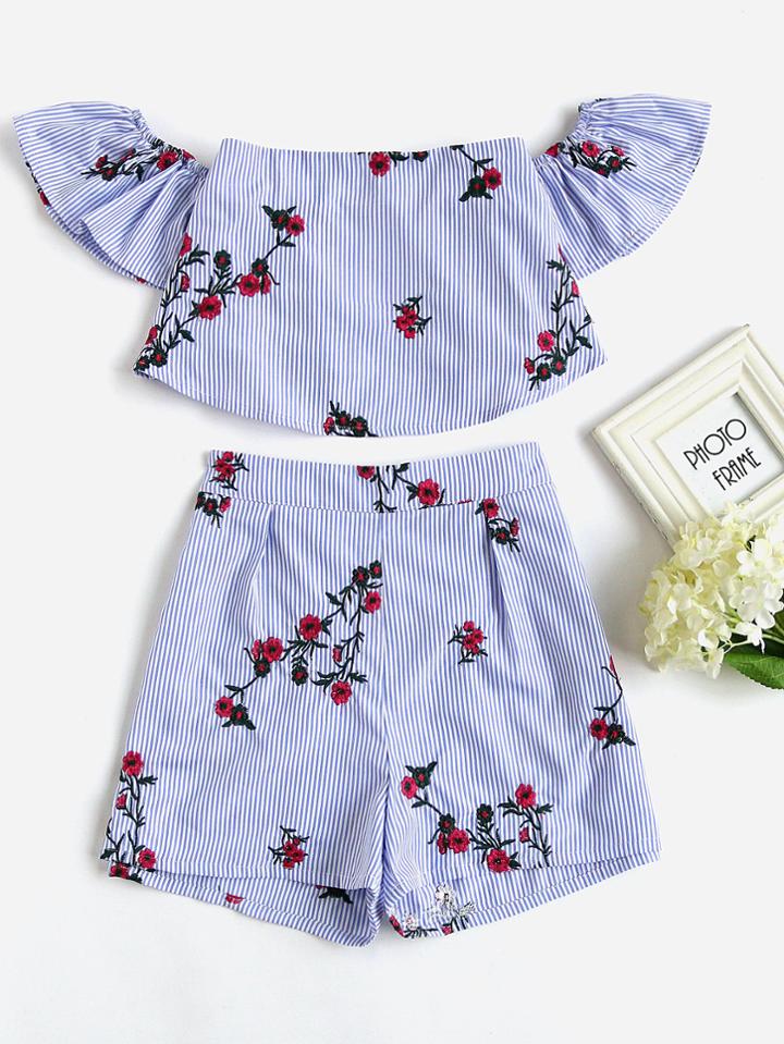 Shein Flower Embroidered Flounce Bardot Top And Shorts Set