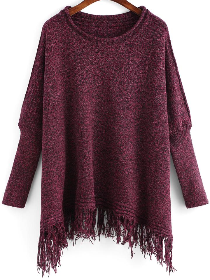 Shein Burgundy Round Neck Tassel Loose Sweater