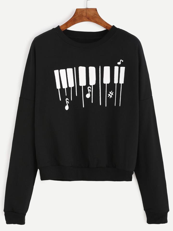 Shein Black Piano Keyboard Print Drop Shoulder Sweatshirt
