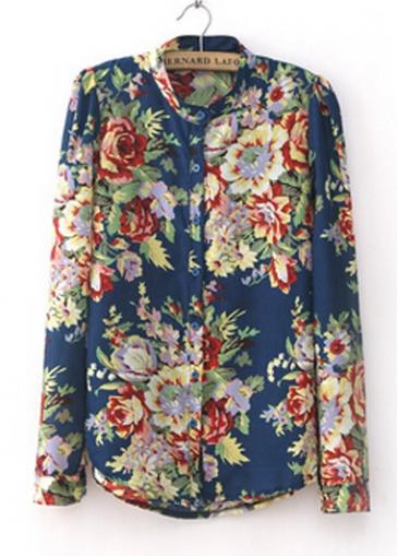 Rosewe Retro Flower Print Button Closure Long Sleeve Shirt