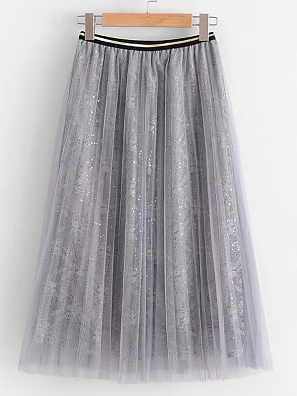 Shein Sequin Detail Mesh Overlay Skirt