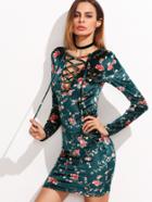 Shein Green Floral Print Lace Up V Neck Bodycon Dress