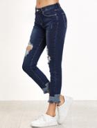 Shein Blue Ripped Raw Hem Crop Denim Pants