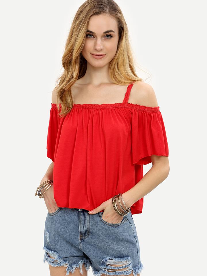 Shein Red Lace Trim Cold Shoulder Top