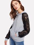 Shein Contrast Lace Raglan Sleeve Lace Up Hoodie