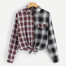 Shein Knot & Button Front Color Block Plaid Top