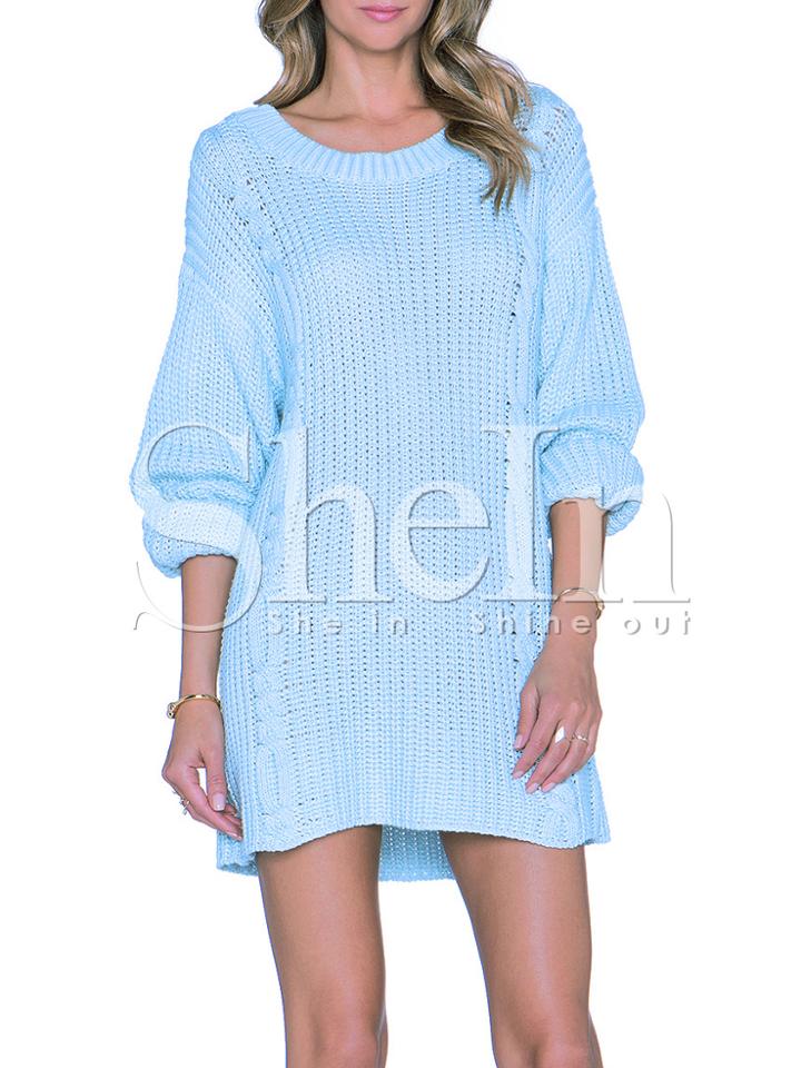 Shein Blue Long Sleeve V Back Loose Dress