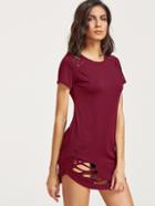 Shein Burgundy Ripped Detail Curved Hem T-shirt