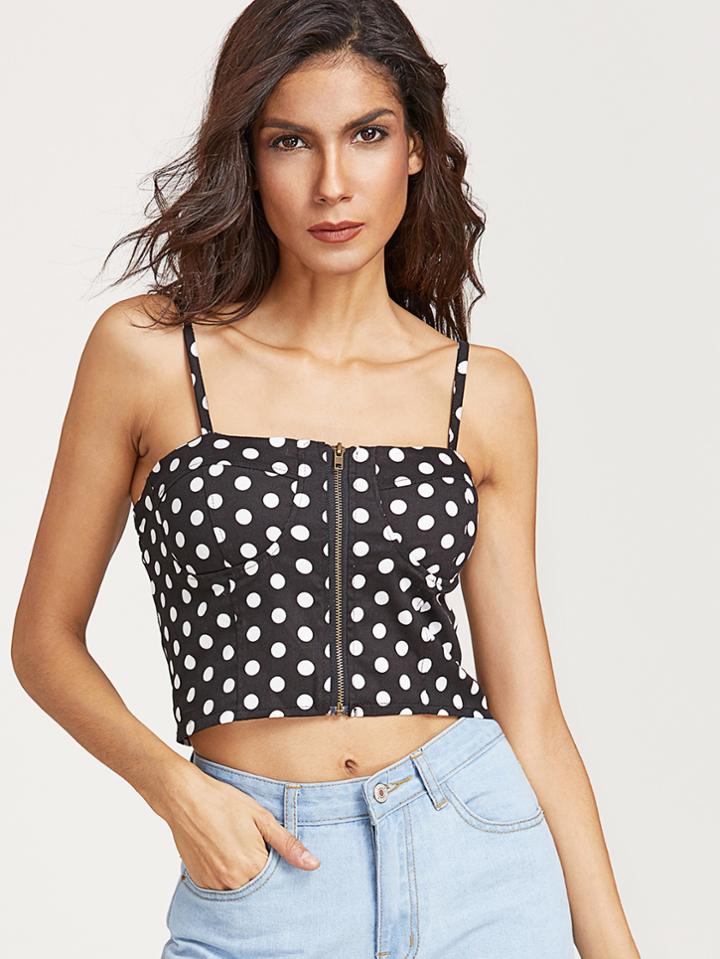 Shein Black Polka Dot Zipper Up Crop Cami Top