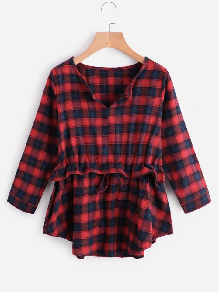 Shein Drawstring Waist Tartan Plaid Frill Blouse