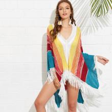Shein Knot Fringe Hem Striped Poncho
