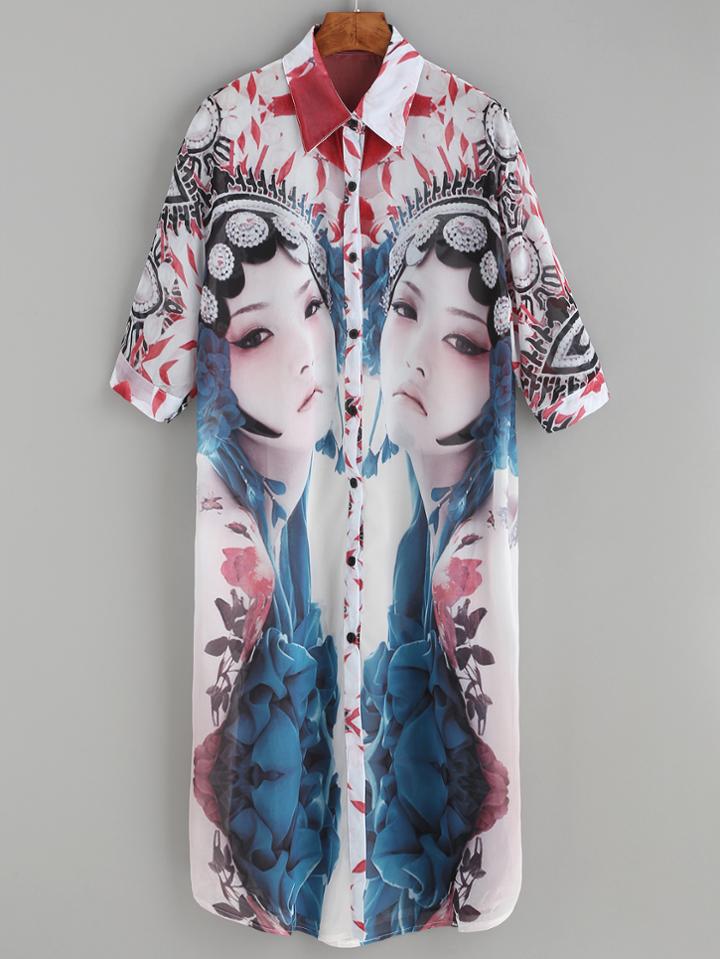 Shein Multicolor Opera Characters Print Half Sleeve Shirt Dress