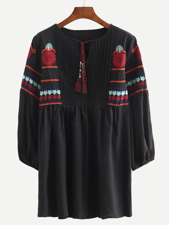 Shein Black Lace Up Embroidered Shirt