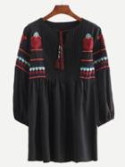 Shein Black Lace Up Embroidered Shirt