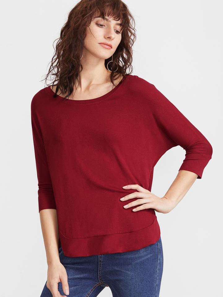 Shein Burgundy Batwing Sleeve High Low Curved Hem T-shirt