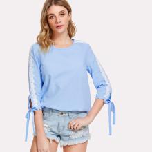 Shein Lace Applique Tied Cuff Blouse