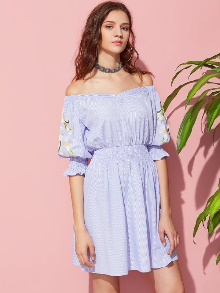 Shein Daisy Embroidered Shirred Detail V Cut Bardot Dress