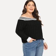 Shein Plus Striped Trim Ribbed Knit Sweater