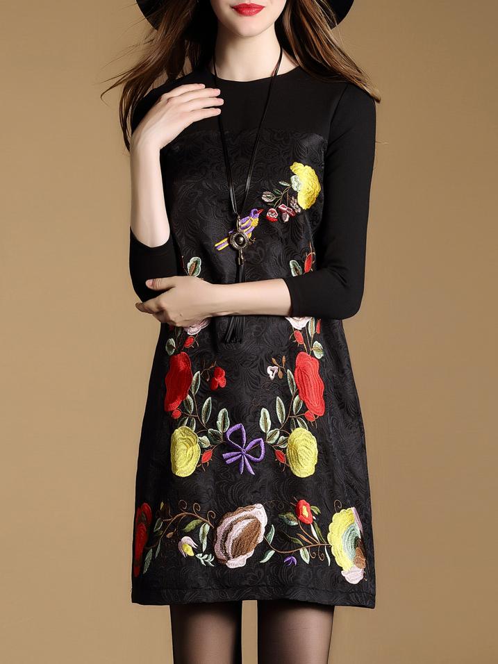 Shein Black Flowers Embroidered Jacquard Shift Dress