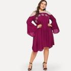 Shein Plus Contrast Fishnet Shoulder Bell Sleeve Embroidered Dress