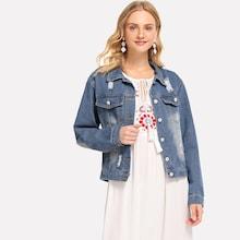 Shein Denim Single Breasted Floral Embroidered Back Jacket