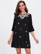 Shein Trumpet Sleeve Flower Embroidered Tiered Hem Dress