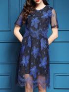 Shein Blue Sheer Crochet Hollow A-line Dress