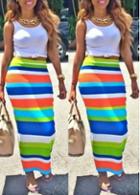 Rosewe White Tank Top And Colorful Striped Sheath Skirt